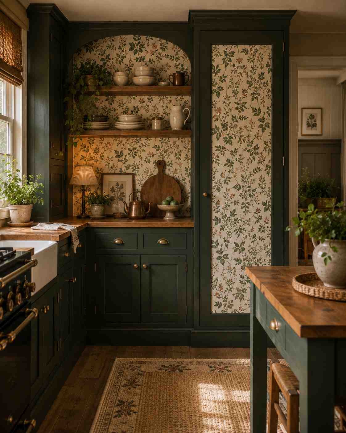 Cozy cottage kitchen with deep forest green shaker cabinets, botanical floral wallpaper accent, warm butcher block countertops, brass hardware, open wooden shelves, and soft natural daylight creating a charming garden-inspired farmhouse look.