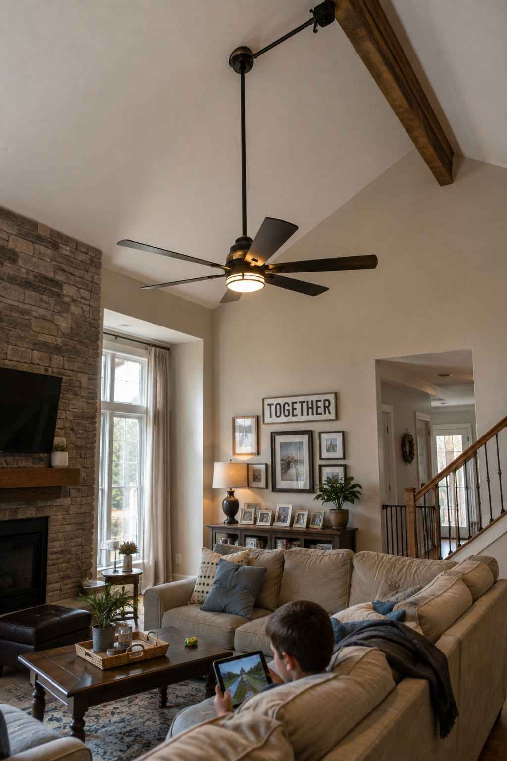 Bright family living room with a vaulted ceiling, exposed wood beam, stone fireplace, large windows, and a comfortable sectional sofa in a warm neutral palette.