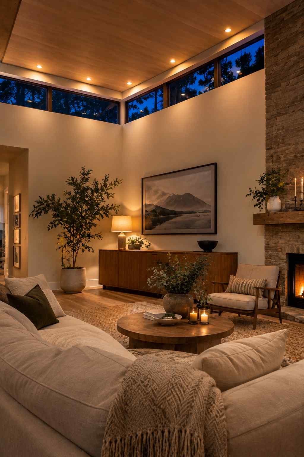 Modern living room with a vaulted ceiling, warm recessed lighting, a stone fireplace, neutral furniture, and large clerestory windows creating a cozy evening atmosphere.