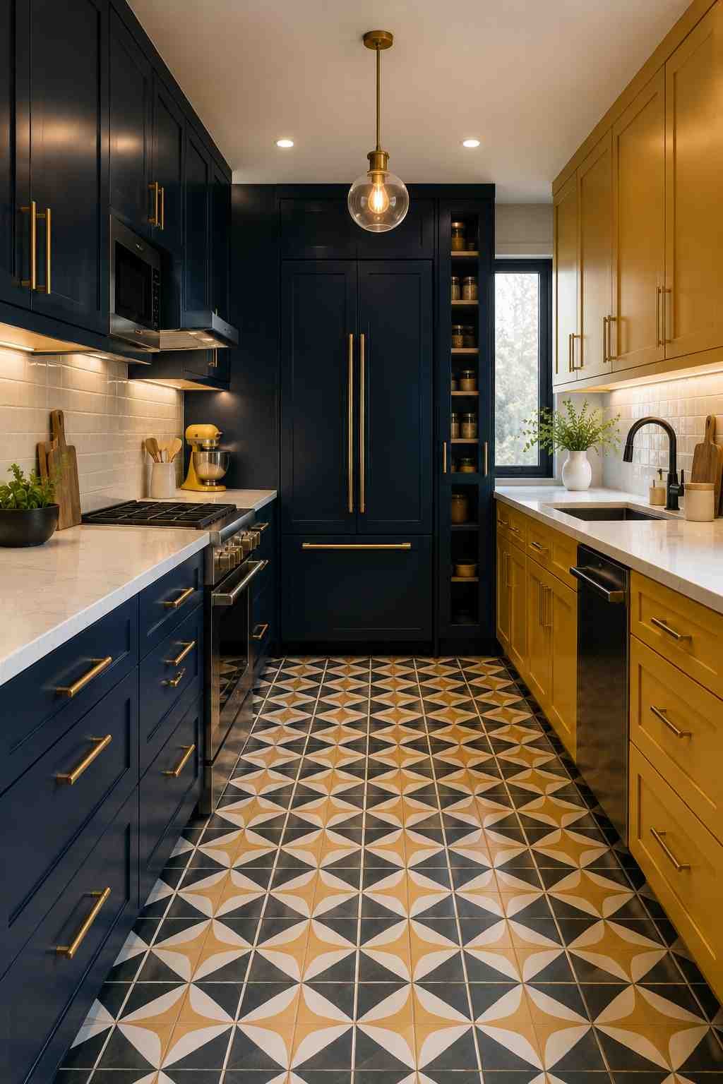 A modern galley-style U-shaped kitchen with deep navy cabinets, mustard yellow cabinetry, white quartz countertops, brushed brass hardware, geometric patterned tile flooring, under-cabinet LED lighting, and a built-in refrigerator creating a bold, space-efficient kitchen design.
