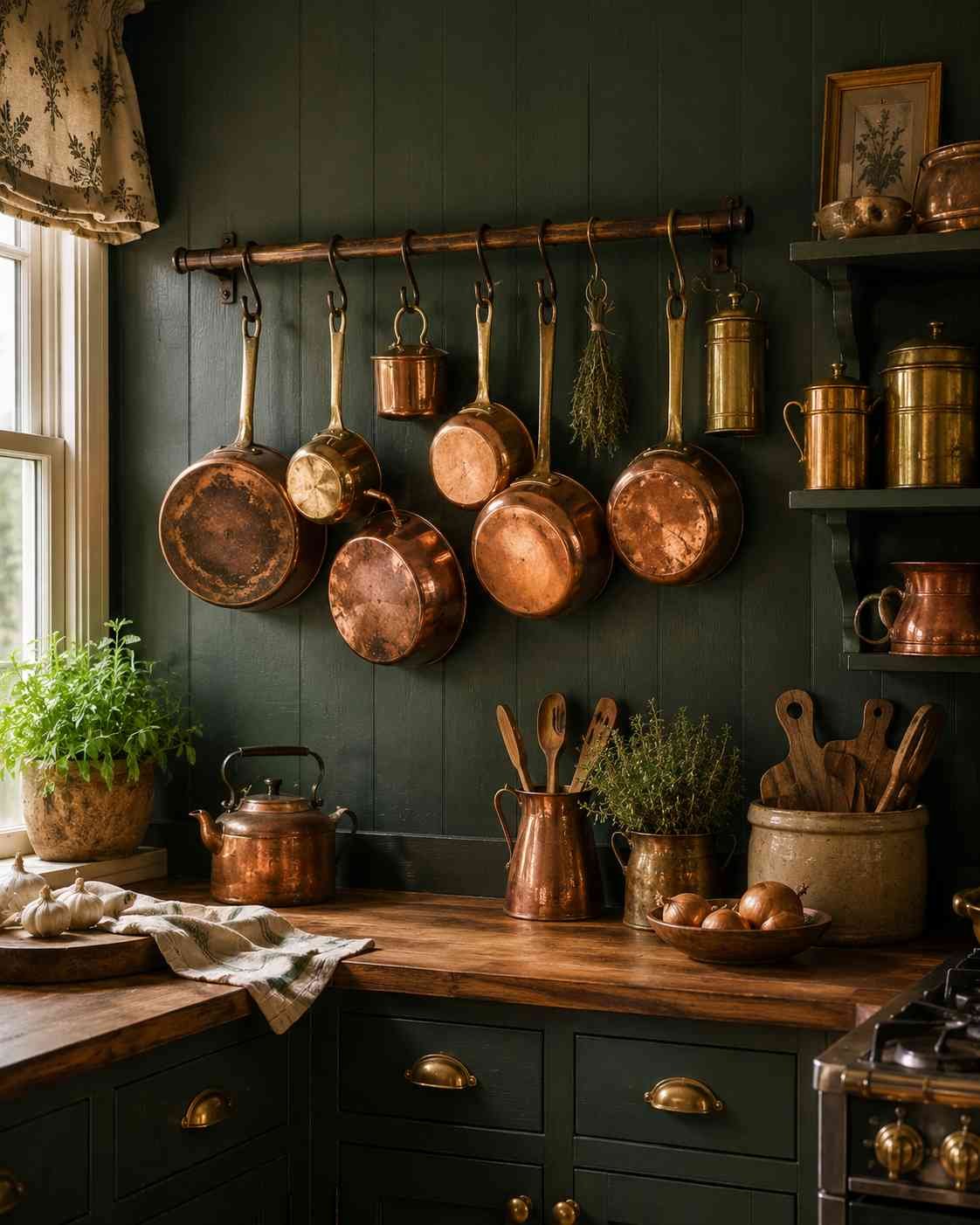 Rustic cottage kitchen with a hanging copper pan rail, deep forest green shaker cabinets, butcher block countertops, brass hardware, vintage copper cookware, and warm natural daylight creating a cozy farmhouse atmosphere.
