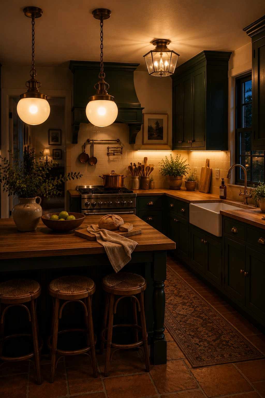 Cozy cottage kitchen at dusk featuring deep forest green shaker cabinets, glowing schoolhouse pendant lights, warm under-cabinet lighting, butcher block island, farmhouse sink, and layered ambient lighting for an inviting evening atmosphere.