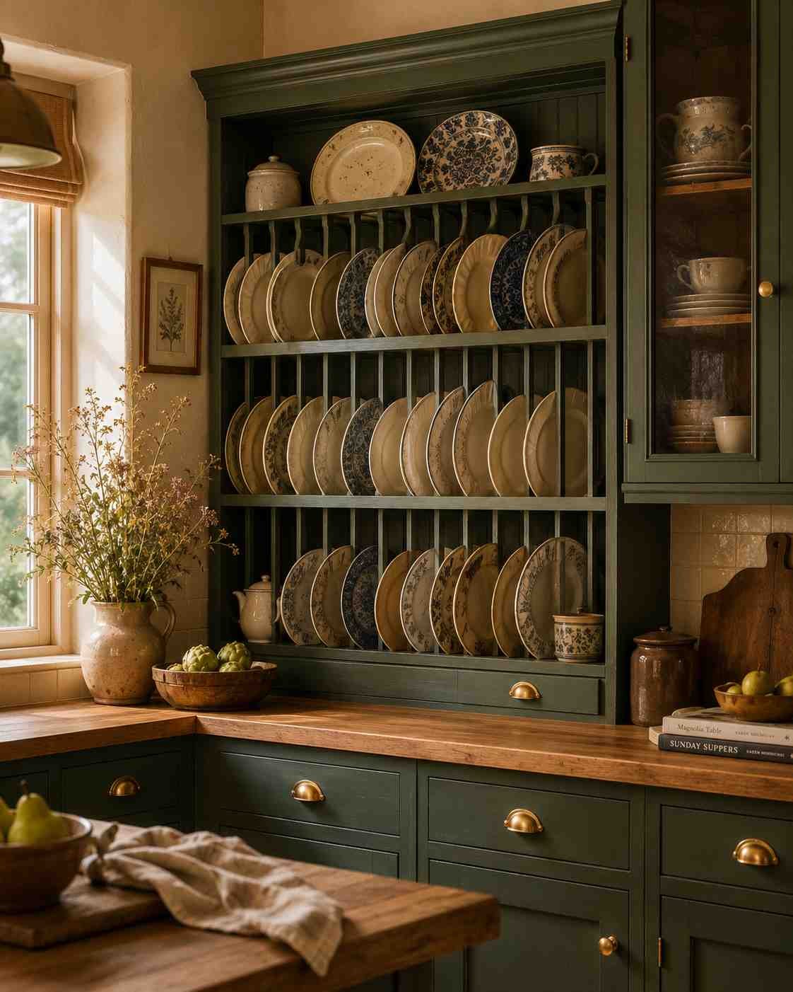 Charming cottage kitchen featuring a built-in wooden plate rack with vintage ceramic dishes, deep forest green shaker cabinets, brass hardware, butcher block countertops, and warm natural daylight for a cozy collected look.