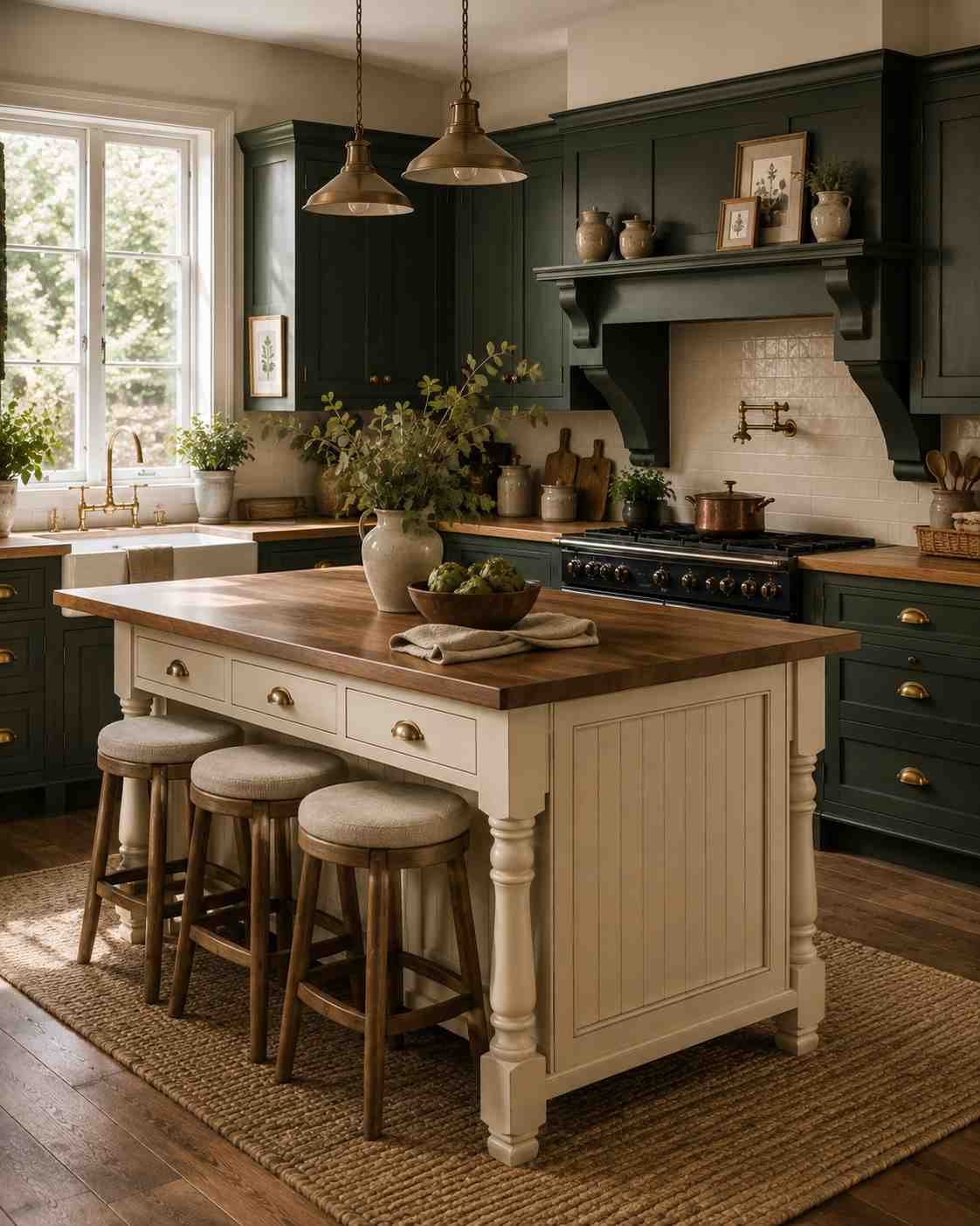 Bright cottage kitchen featuring a cream kitchen island with turned legs, deep forest green shaker cabinets, butcher block countertop, brass hardware, wooden bar stools, and soft natural daylight for a timeless farmhouse look.