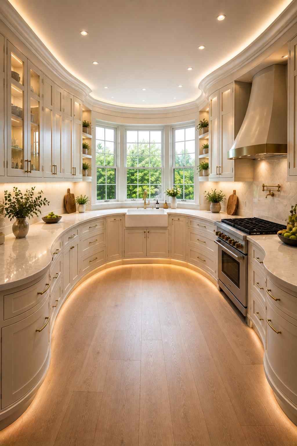 A luxurious curved U-shaped kitchen with rounded cream shaker cabinets, seamless marble-look countertops, layered LED cove and under-cabinet lighting, a farmhouse sink beneath a large bay window, brass hardware, light oak flooring, and a spacious horseshoe layout with no island.