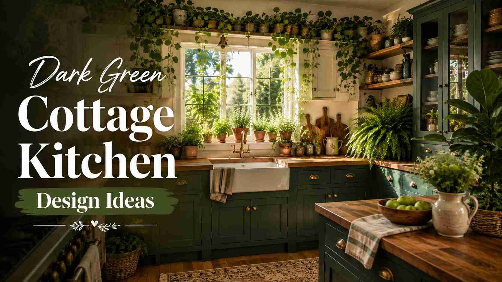 Featured image of a cozy dark green cottage kitchen with forest green shaker cabinets, butcher block countertops, farmhouse sink, indoor plants, brass hardware, and warm natural light showcasing timeless cottage kitchen design ideas.