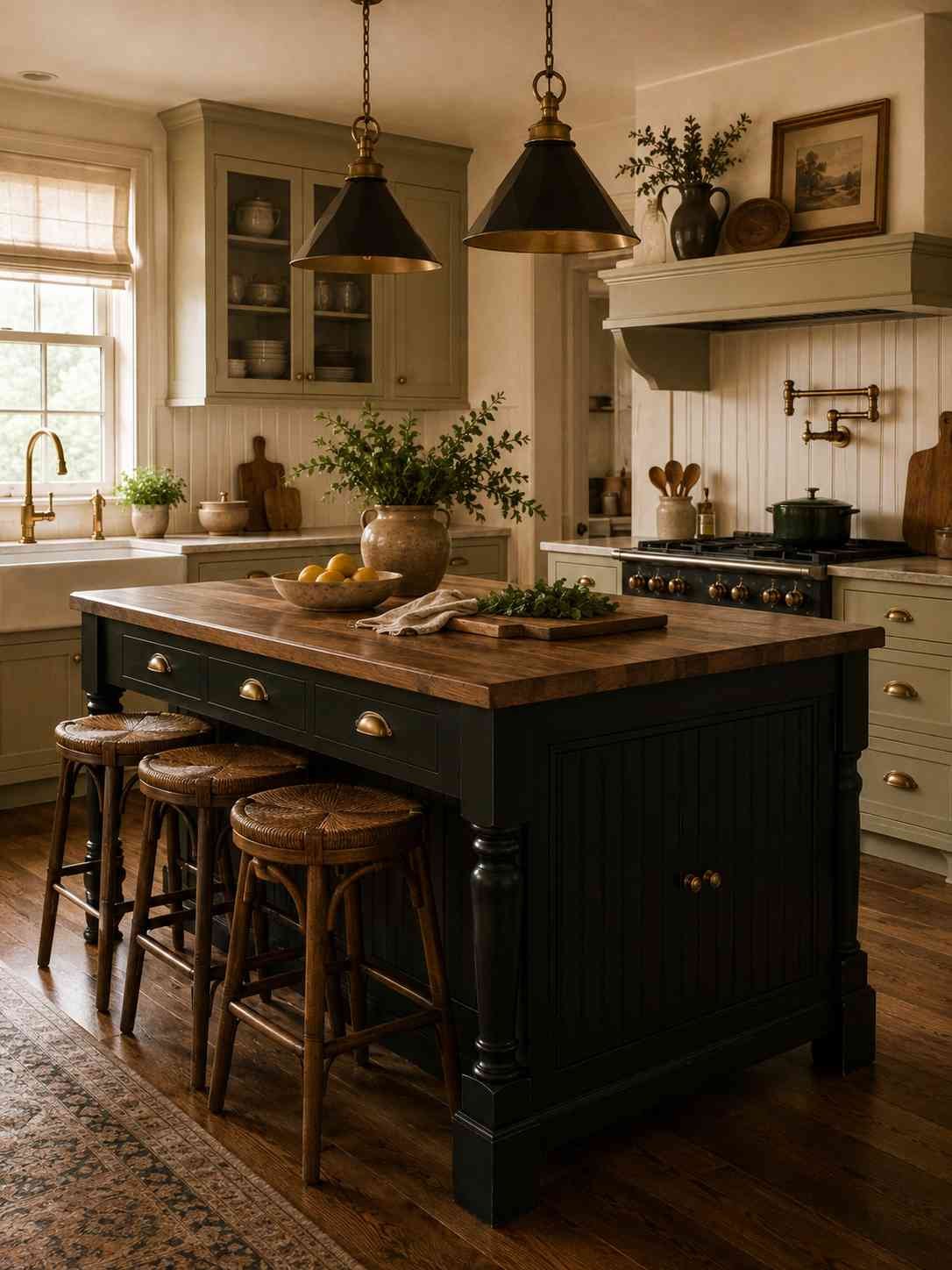 Cottage-style kitchen featuring a dark green island with turned legs, butcher block countertop, brass hardware, woven bar stools, pendant lighting, and lighter green perimeter cabinets in warm natural daylight.