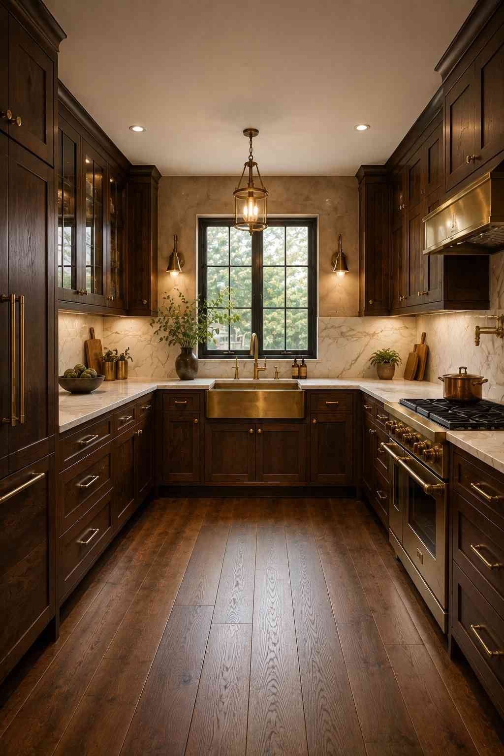 A luxurious U-shaped kitchen with rich dark walnut cabinets, aged brass hardware, cream marble countertops, a brass farmhouse sink and faucet, warm wood flooring, brass lighting, and soft natural daylight creating a timeless, elegant kitchen design.