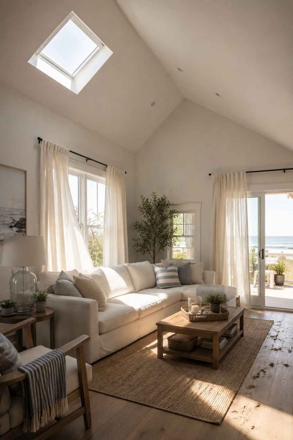 Bright coastal living room with a vaulted ceiling, large skylight, soft linen curtains, and natural sunlight filling the space.