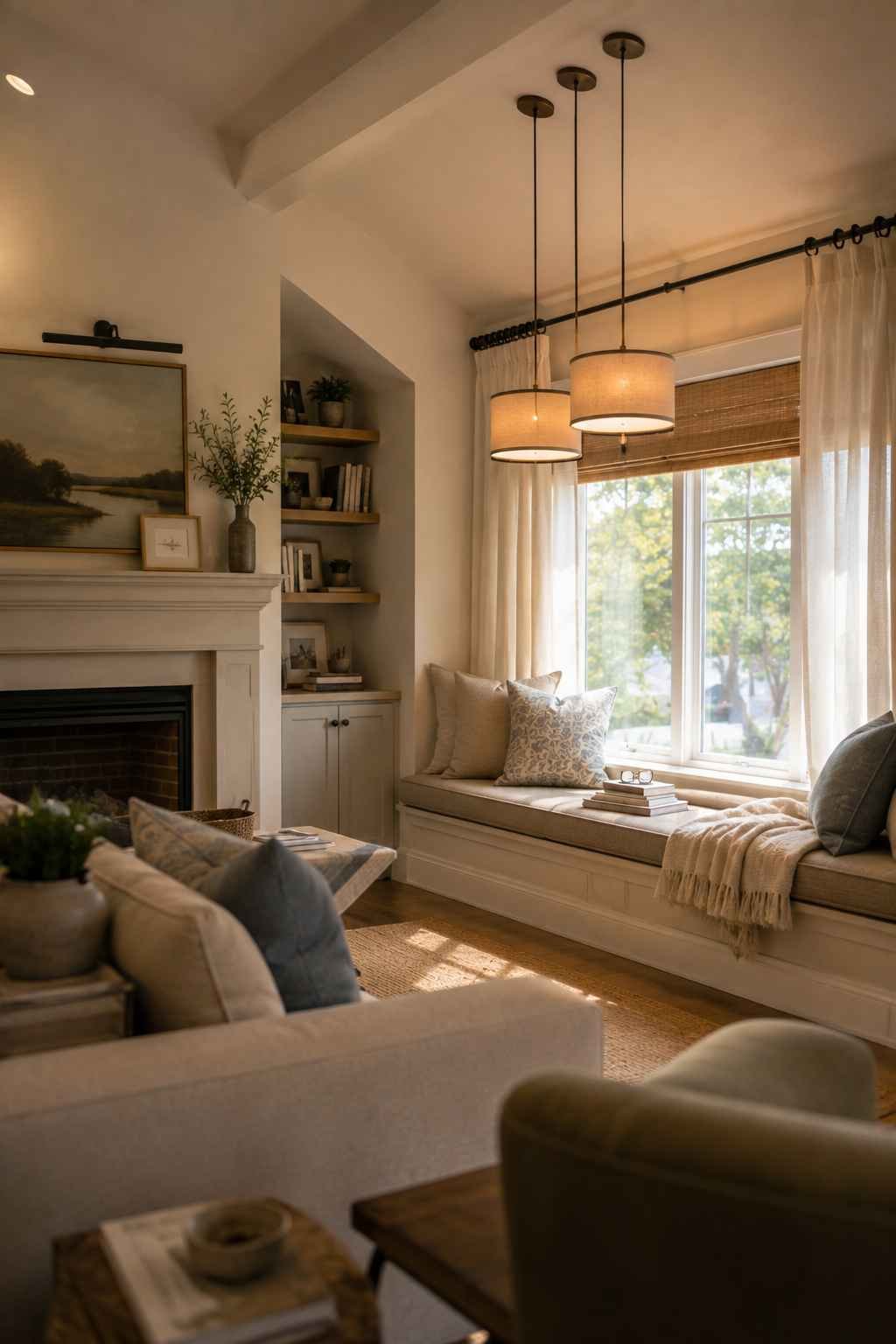 Cozy living room with a built-in window seat, warm pendant lighting, and a fireplace creating a relaxed reading corner.