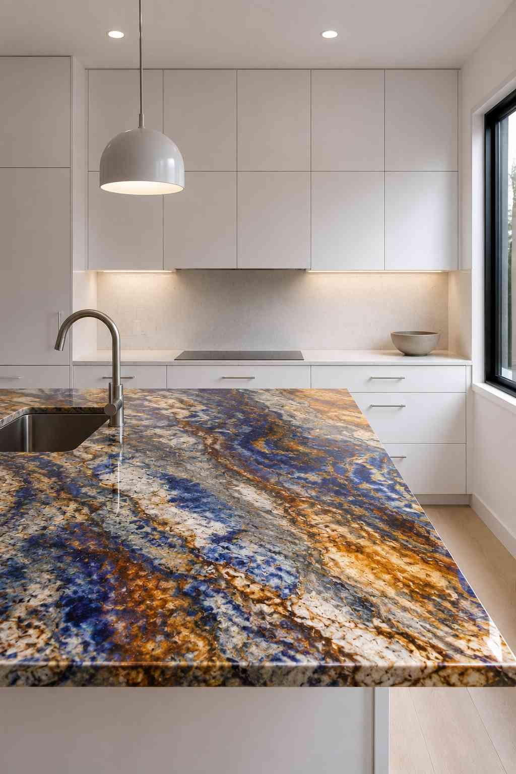 Modern minimalist kitchen featuring white flat-panel cabinets, a dramatic exotic granite island countertop with bold blue, gold, gray, and amber veining, integrated sink, neutral backsplash, light wood flooring, and clean architectural lighting that showcases the natural stone as the focal point.