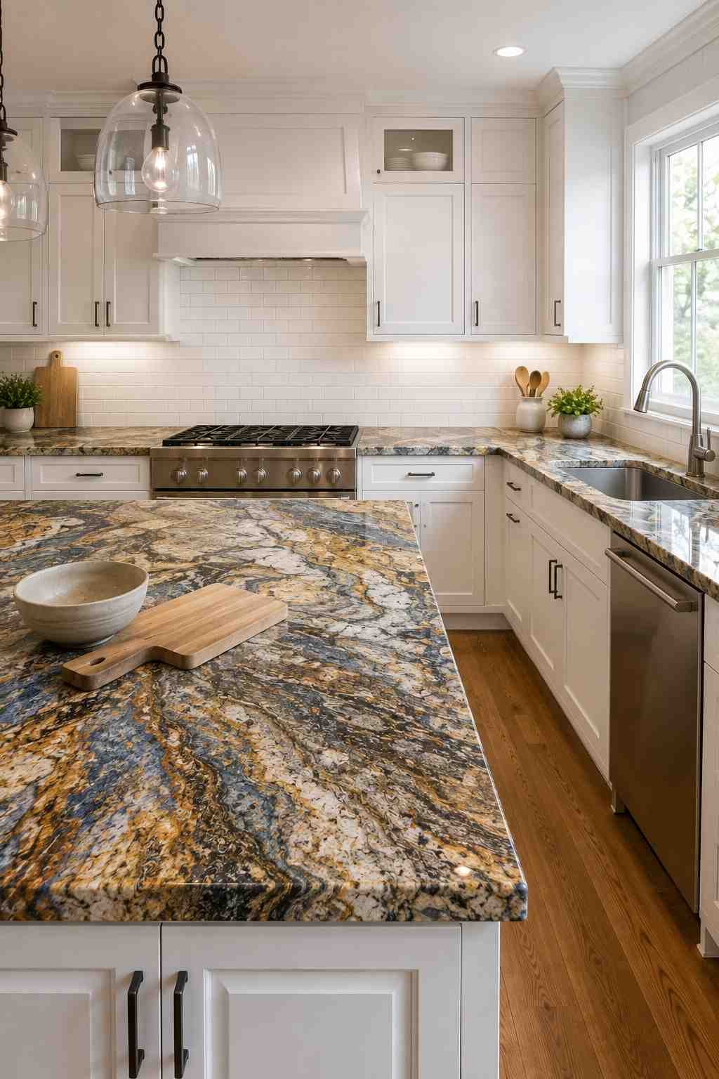 Timeless kitchen featuring white shaker cabinets, exotic granite countertops with dramatic blue, gold, gray, and brown veining, white subway tile backsplash, matte black hardware, warm wood flooring, and a spacious island showcasing the bold natural stone.