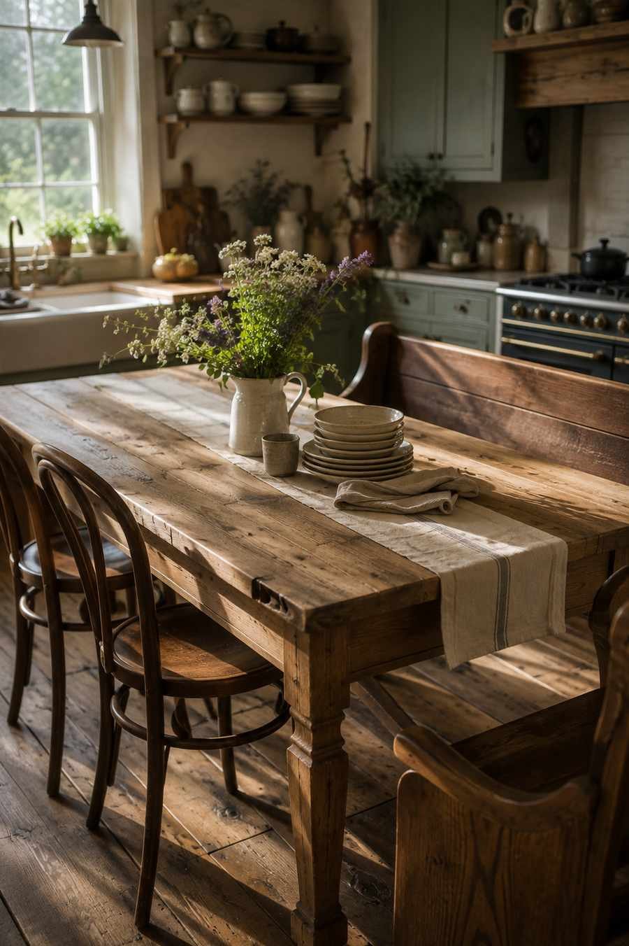 Rustic farmhouse kitchen with a large wooden table replacing a kitchen island, mismatched chairs, a wooden bench, linen runner, wildflowers, and warm natural light.