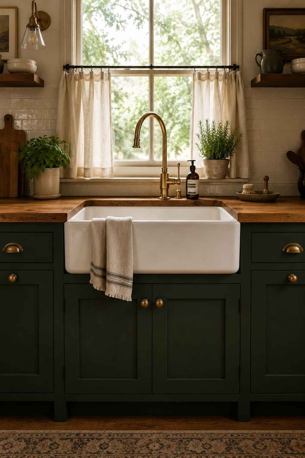 Centered cottage kitchen featuring a white apron-front farmhouse sink, deep forest green shaker cabinets, warm butcher block countertops, aged brass faucet, linen café curtains, and soft natural daylight for a cozy farmhouse look.
