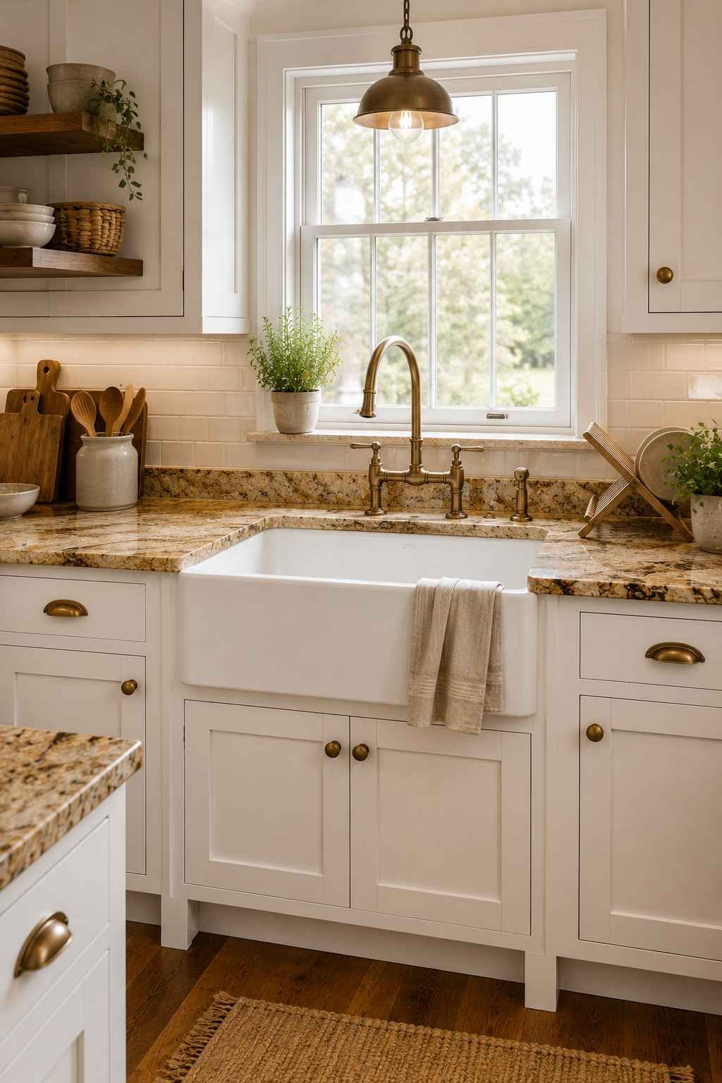 Modern farmhouse kitchen featuring a white apron-front farmhouse sink, warm beige granite countertops, white shaker cabinets, brushed brass faucet and hardware, white subway tile backsplash, open wood shelving, and warm wood flooring illuminated by natural daylight.