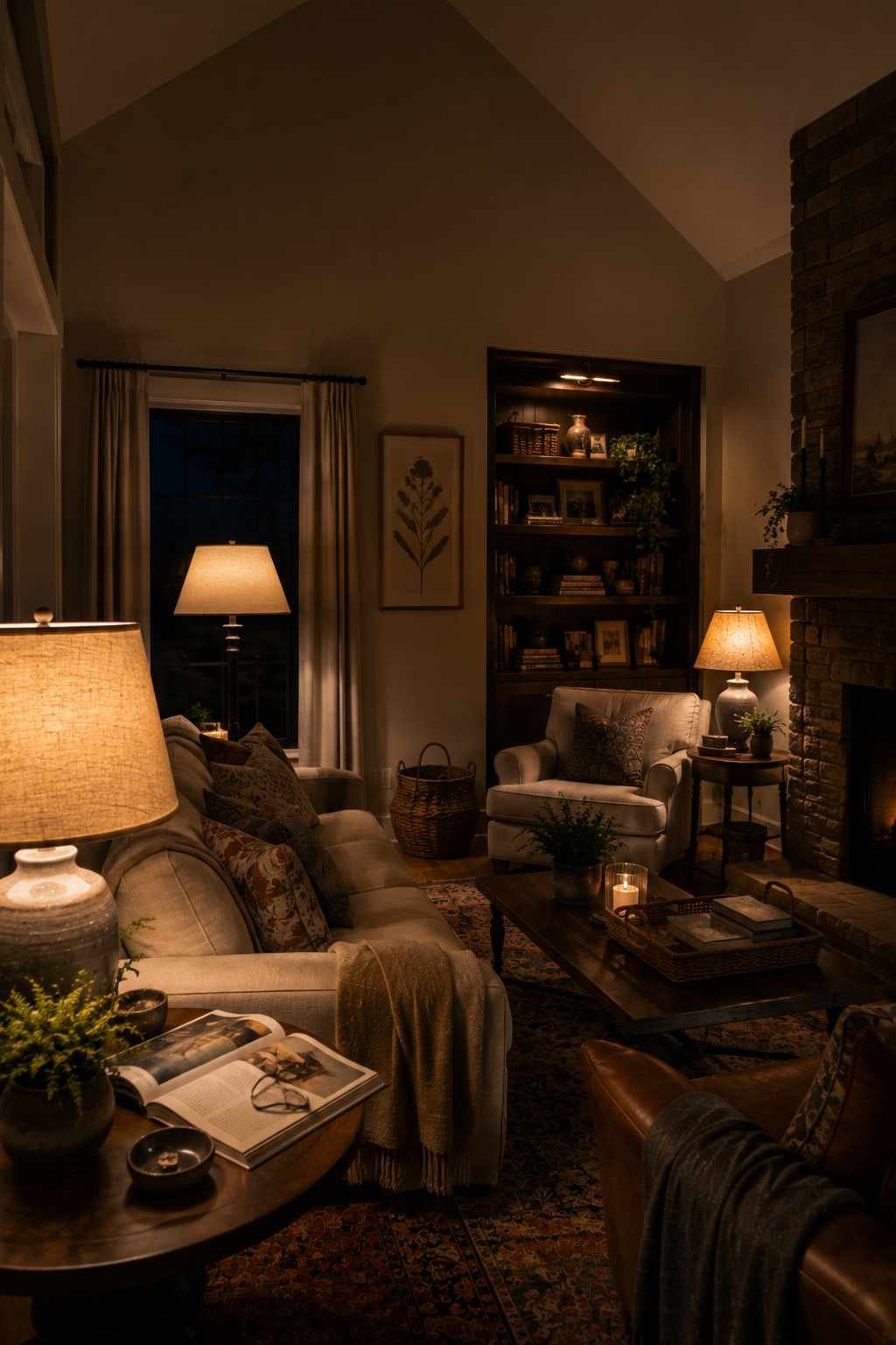 Cozy vaulted ceiling living room lit by table lamps and a fireplace, featuring soft neutral seating, built-in shelving, layered textiles, and warm ambient lighting.