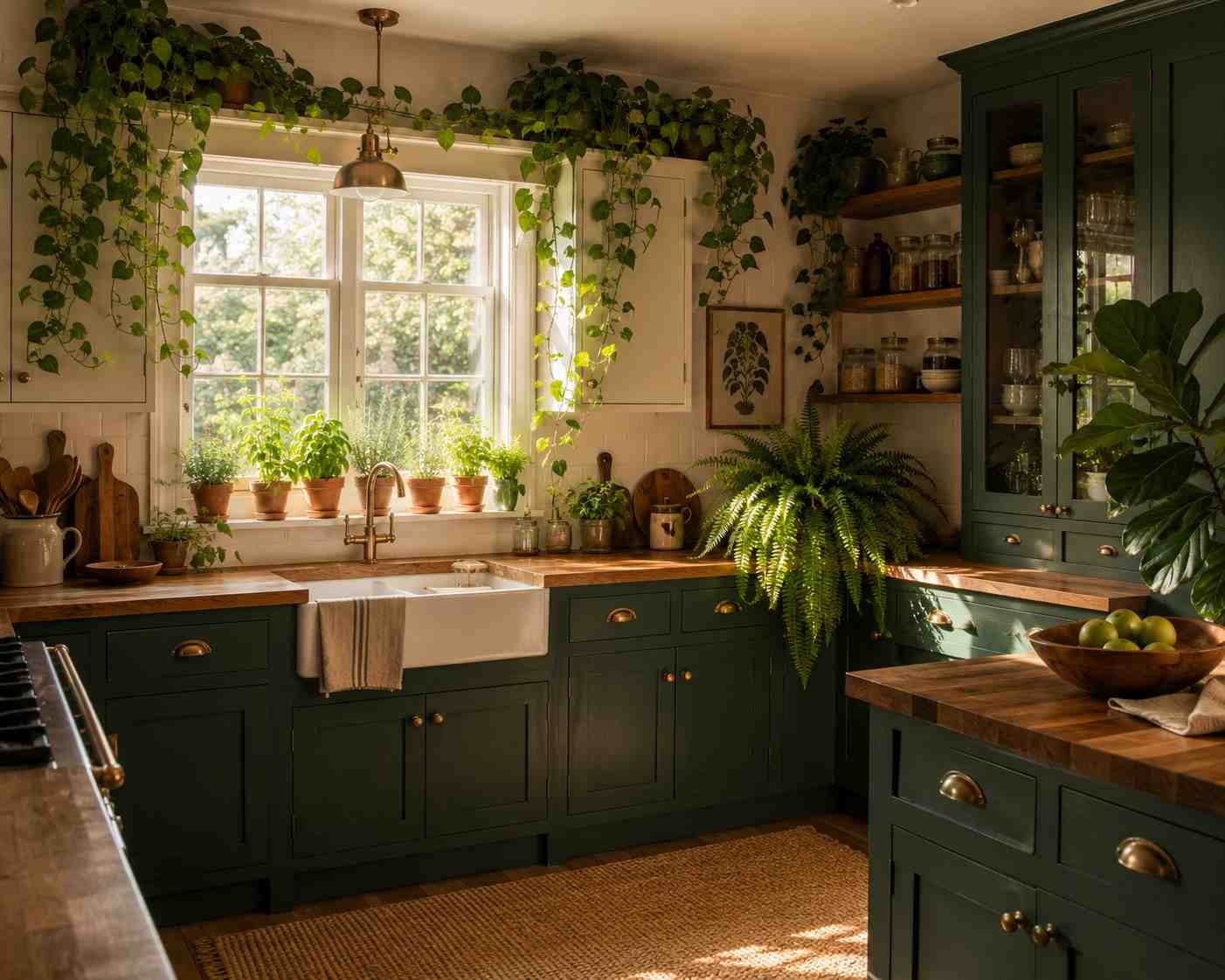 Sunlit cottage kitchen featuring deep forest green shaker cabinets, trailing pothos plants, herb garden on the windowsill, lush indoor greenery, butcher block countertops, brass hardware, and warm natural light for a fresh farmhouse look.
