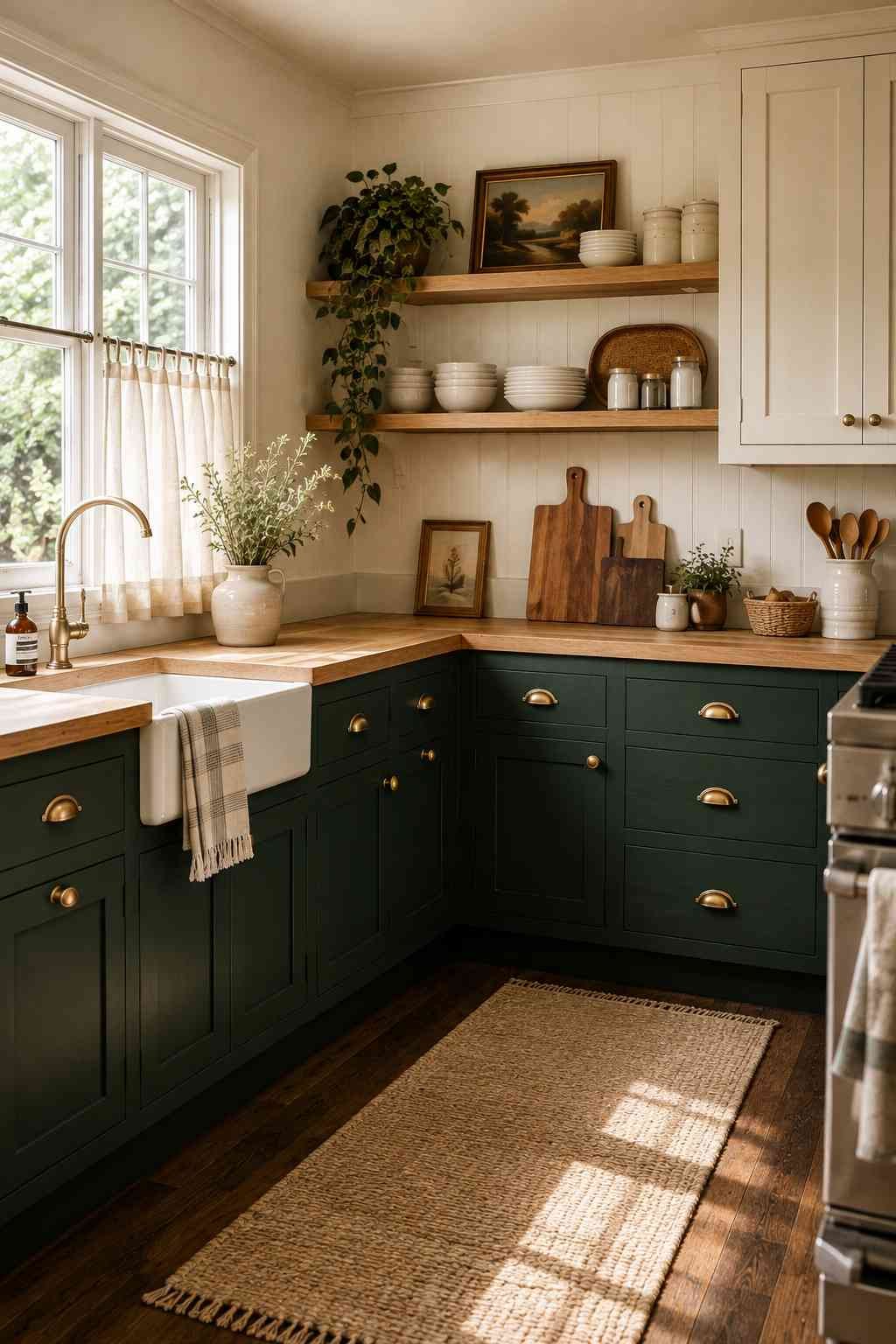 Bright cottage-style kitchen featuring deep forest green lower cabinets, warm cream walls, butcher block countertops, brass hardware, open wood shelves, and a farmhouse sink in soft natural daylight.