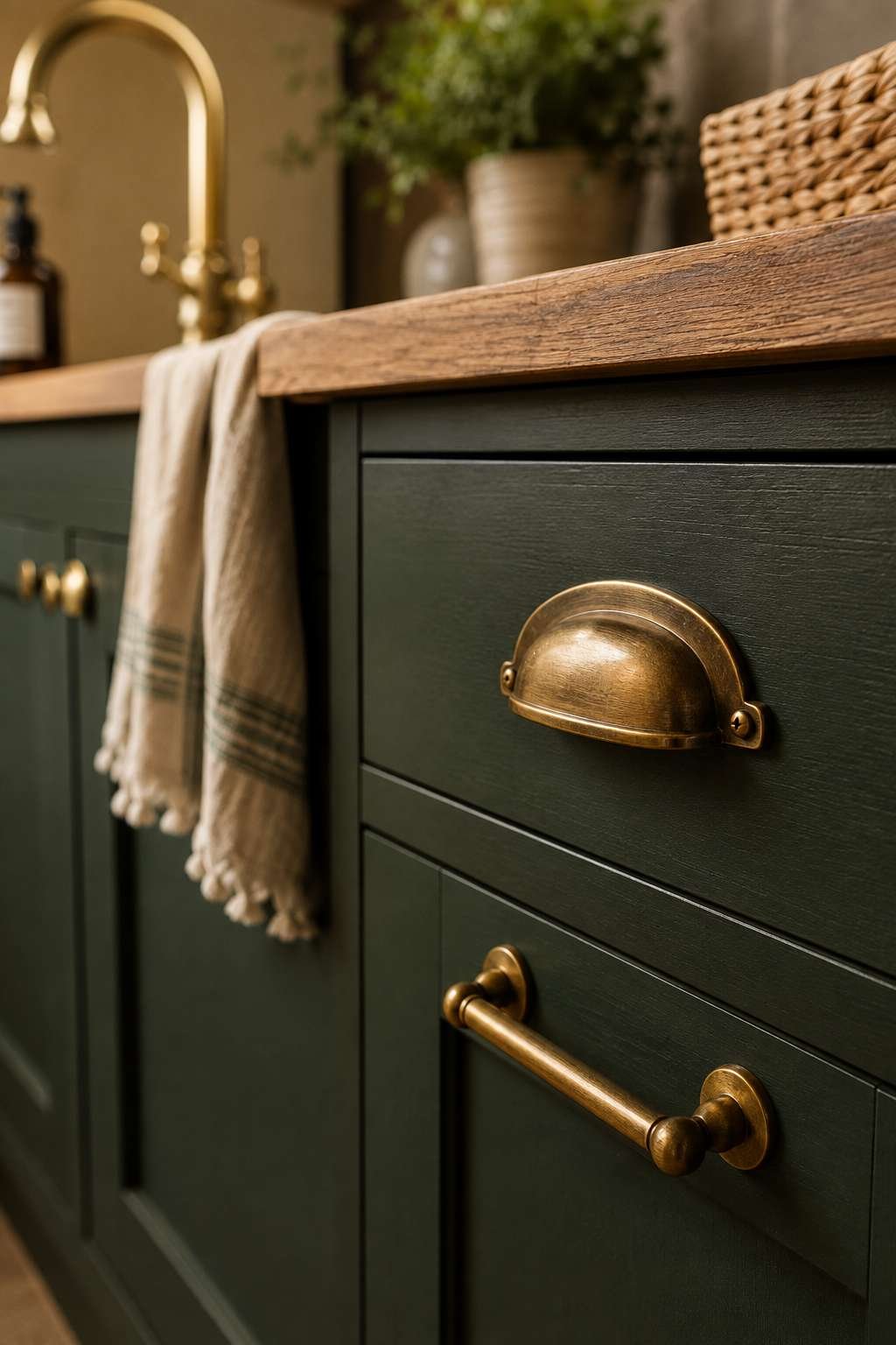 Close-up of deep forest green shaker kitchen cabinets featuring aged brass cup pulls and bar handles, warm butcher block countertop, brass faucet, and soft natural light highlighting the rich textures of a cozy cottage-style kitchen.
