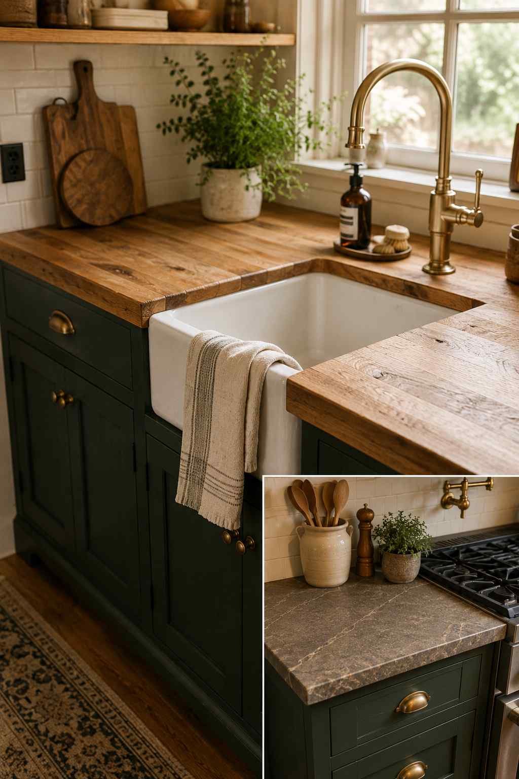 Close-up of a cozy cottage kitchen featuring deep forest green shaker cabinets, warm butcher block countertops, brass hardware, a farmhouse sink, and natural daylight highlighting the rich wood grain and textured finishes.