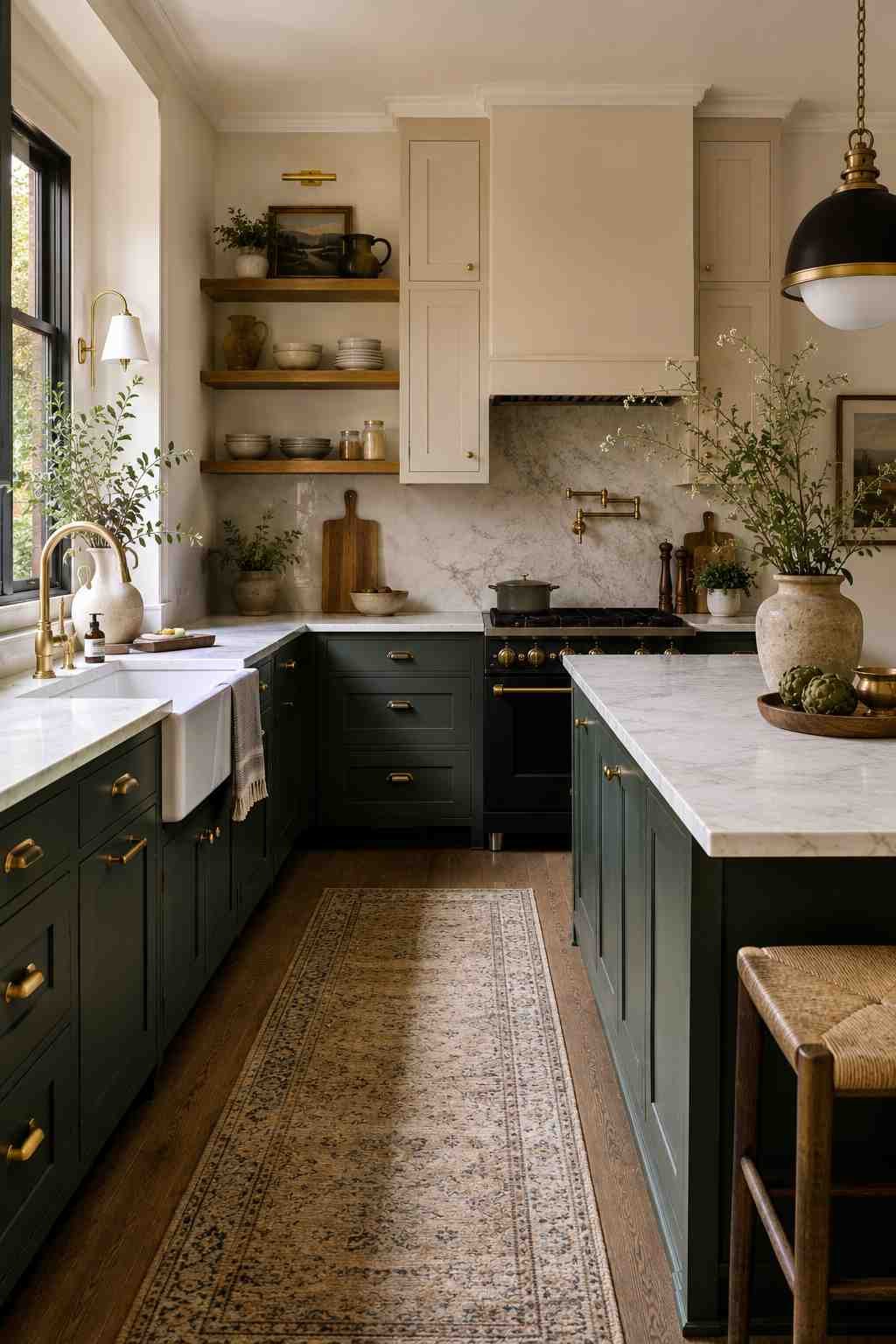 Cozy two-tone cottage kitchen featuring deep forest green lower cabinets, warm cream upper cabinets, brass hardware, marble countertops, open wooden shelves, farmhouse sink, and soft natural daylight.