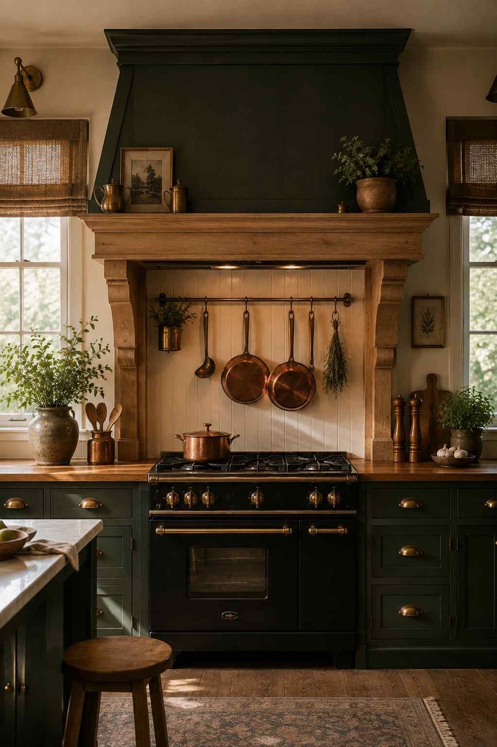 Cottage-style kitchen featuring a statement forest green range hood with a chunky wood mantel surround, black range, butcher block countertops, brass hardware, and warm natural light creating a cozy farmhouse atmosphere.