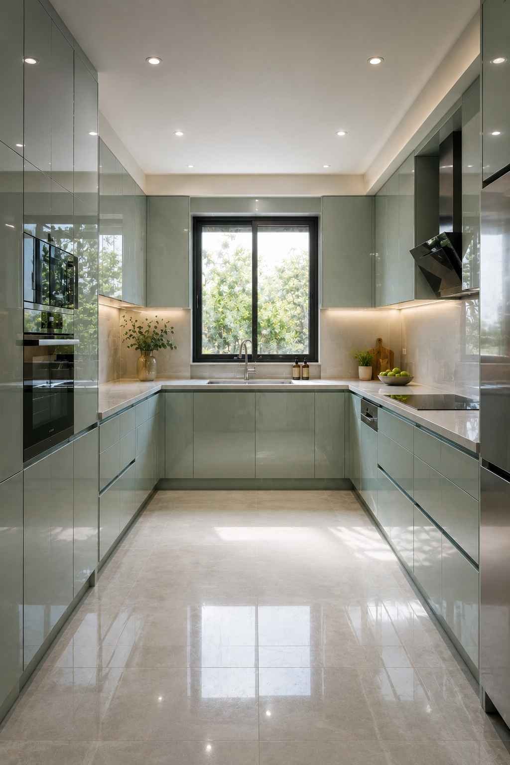A sleek U-shaped kitchen with glossy sage green handleless cabinets, integrated appliances, white engineered stone countertops, under-cabinet LED lighting, a large window above the sink, light porcelain tile flooring, and a bright minimalist design that maximizes space and natural light.