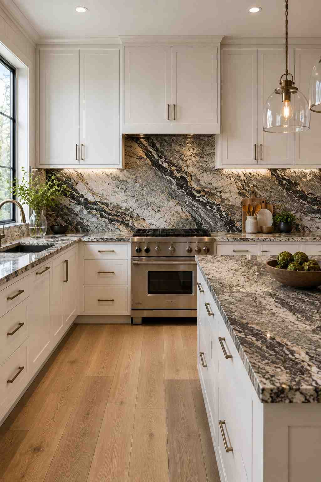 Modern white kitchen featuring dramatic granite countertops with a seamless full slab backsplash, white shaker cabinets, brushed brass hardware, under-cabinet lighting, warm wood flooring, and a spacious island with striking natural stone veining.