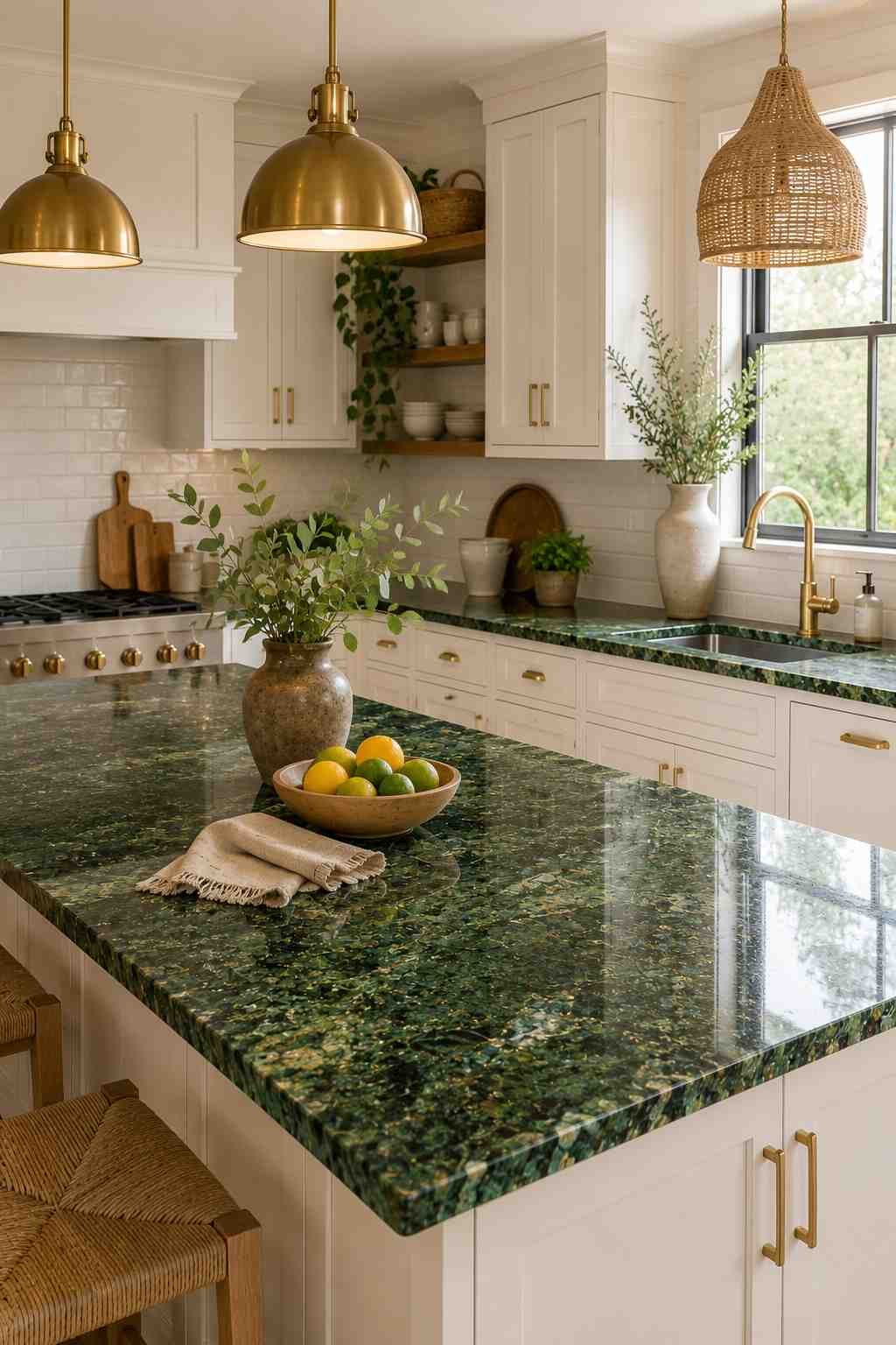 Modern organic kitchen featuring white shaker cabinets, deep green granite countertops with rich emerald veining, brushed brass hardware, warm wood flooring, woven pendant lighting, open shelving with plants, and a spacious island styled with natural décor.