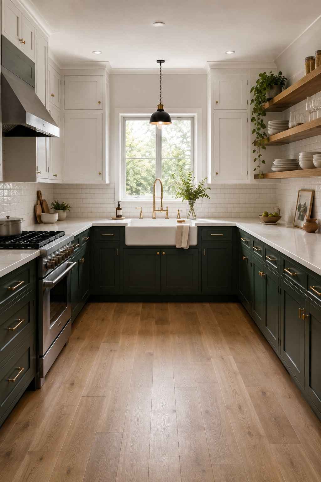 A bright U-shaped kitchen with deep forest green lower cabinets, white shaker upper cabinets, brass hardware, marble-look countertops, a farmhouse sink beneath a large window, open oak shelving, light wood flooring, and a clean two-tone design filled with natural daylight.