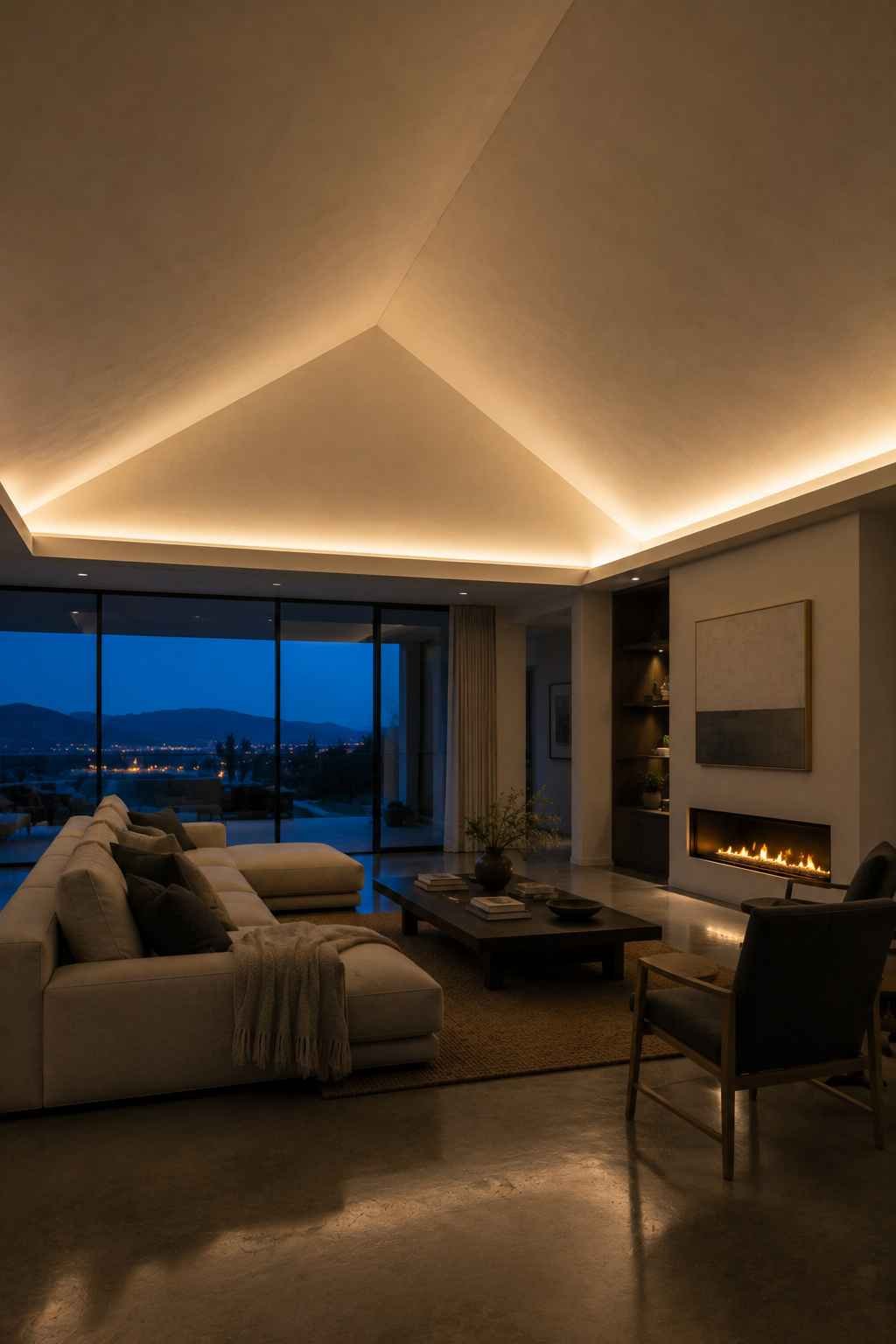 Modern living room with hidden cove lighting along a vaulted ceiling, a sleek linear fireplace, and panoramic night views.
