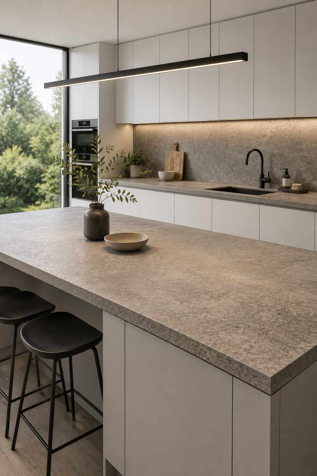 Minimalist modern kitchen featuring white flat-panel cabinets, a leathered granite countertop with a soft matte finish and subtle gray texture, slab backsplash, integrated hardware, linear pendant lighting, and a spacious island styled with neutral décor.