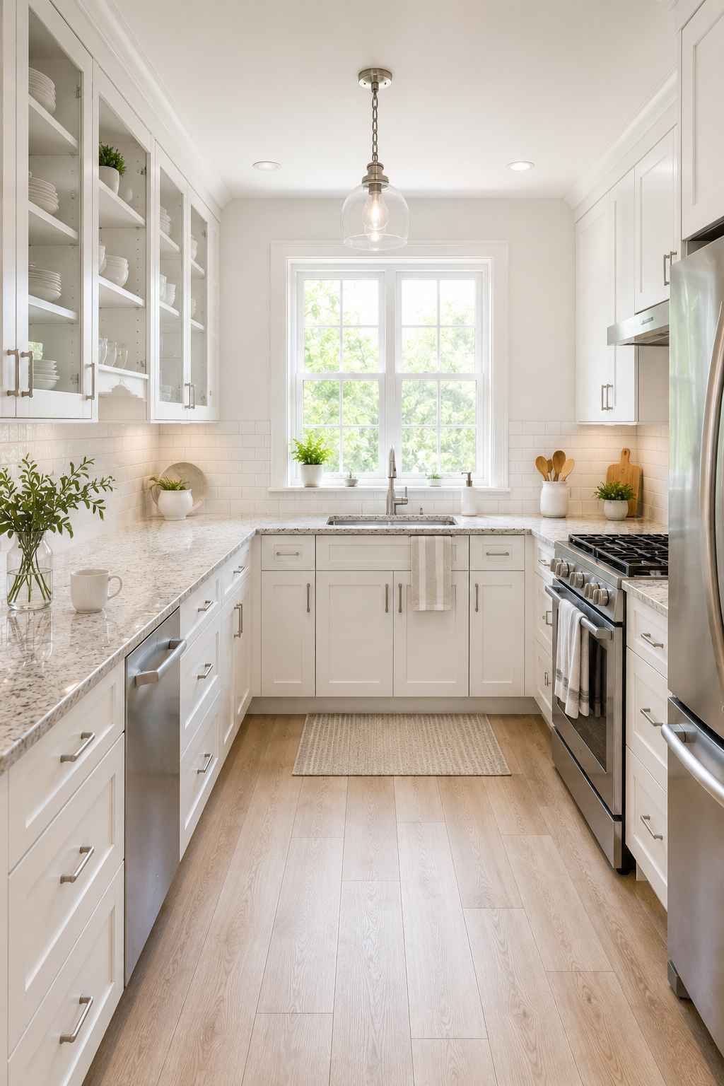 Bright small kitchen featuring white shaker cabinets, light granite countertops, white subway tile backsplash, glass-front upper cabinets, light wood flooring, stainless steel appliances, and abundant natural light to create a spacious, airy feel.