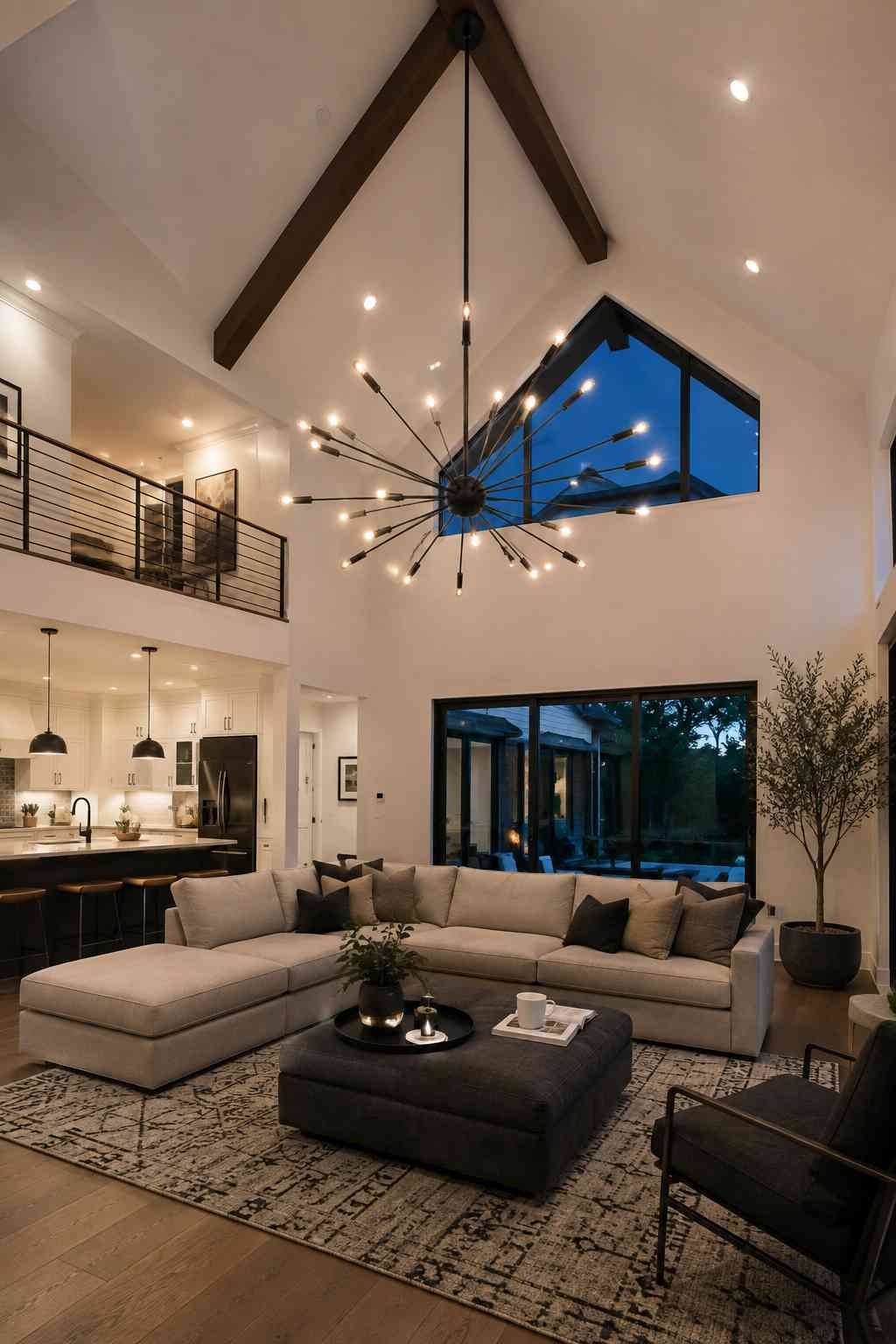 Modern vaulted ceiling living room with a striking black starburst chandelier, exposed wood beams, and warm layered lighting in an open-concept home.