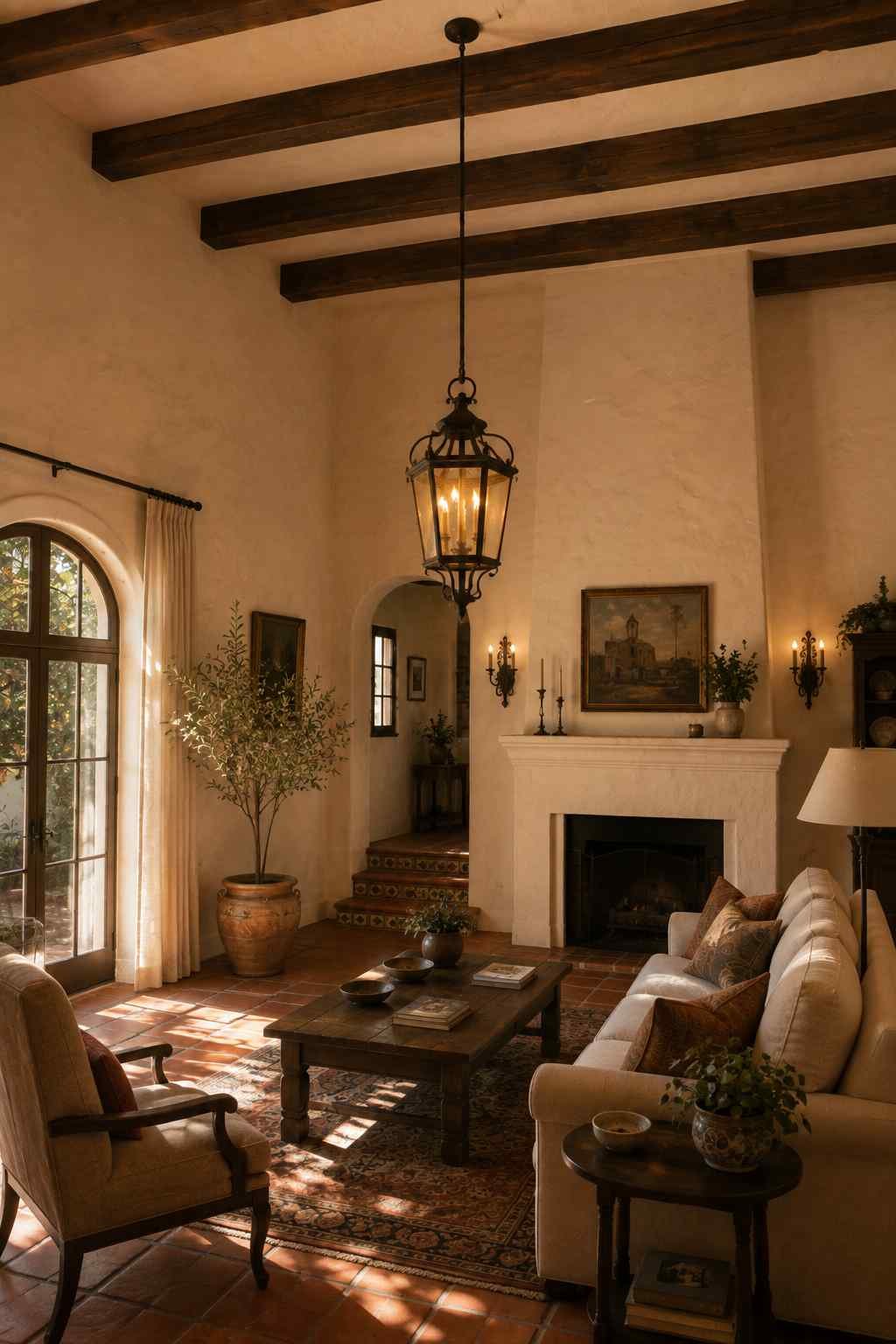 Mediterranean-style living room with exposed wood beams, a lantern pendant, terracotta floors, and a timeless fireplace.