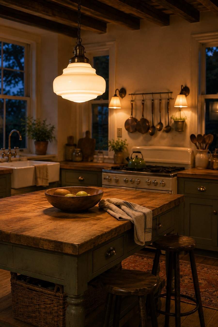 Vintage farmhouse kitchen with a glowing milk glass pendant light above a butcher block island, warm wall sconces, rustic wood accents, and cozy ambient evening lighting.