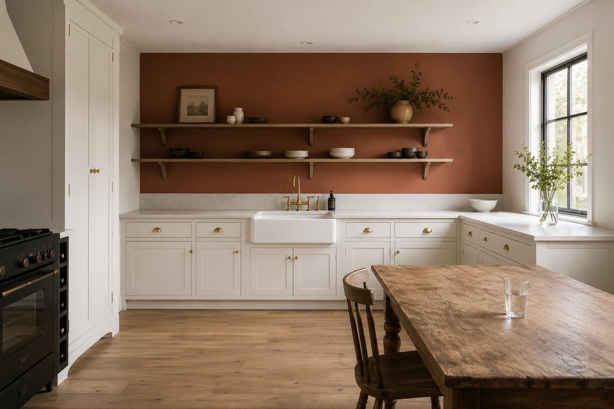 Minimal vintage kitchen with white shaker cabinets, a farmhouse apron sink, brass cabinet hardware, warm terracotta accent wall, wood dining table, and soft natural daylight.