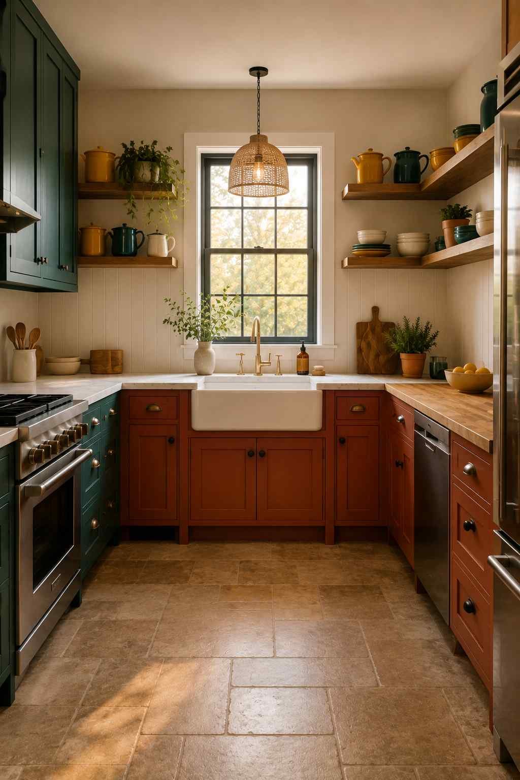 A modern farmhouse U-shaped kitchen with rust-orange shaker cabinets, deep teal cabinetry, warm walnut open shelves, colorful enamelware, a white farmhouse sink beneath a large window, butcher block and stone countertops, brass hardware, and warm natural light creating a cozy, vibrant space.