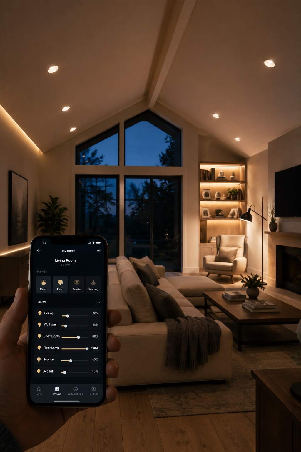 Modern living room with smart ambient lighting controlled from a smartphone, featuring a high vaulted ceiling, large windows, built-in shelves, and a cozy seating area.