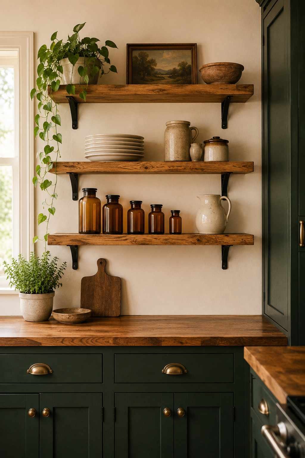 Cottage kitchen with natural oak open shelves, deep forest green shaker cabinets, amber glass jars, stacked cream plates, ceramic pitcher, trailing pothos plant, butcher block countertop, and warm natural daylight.