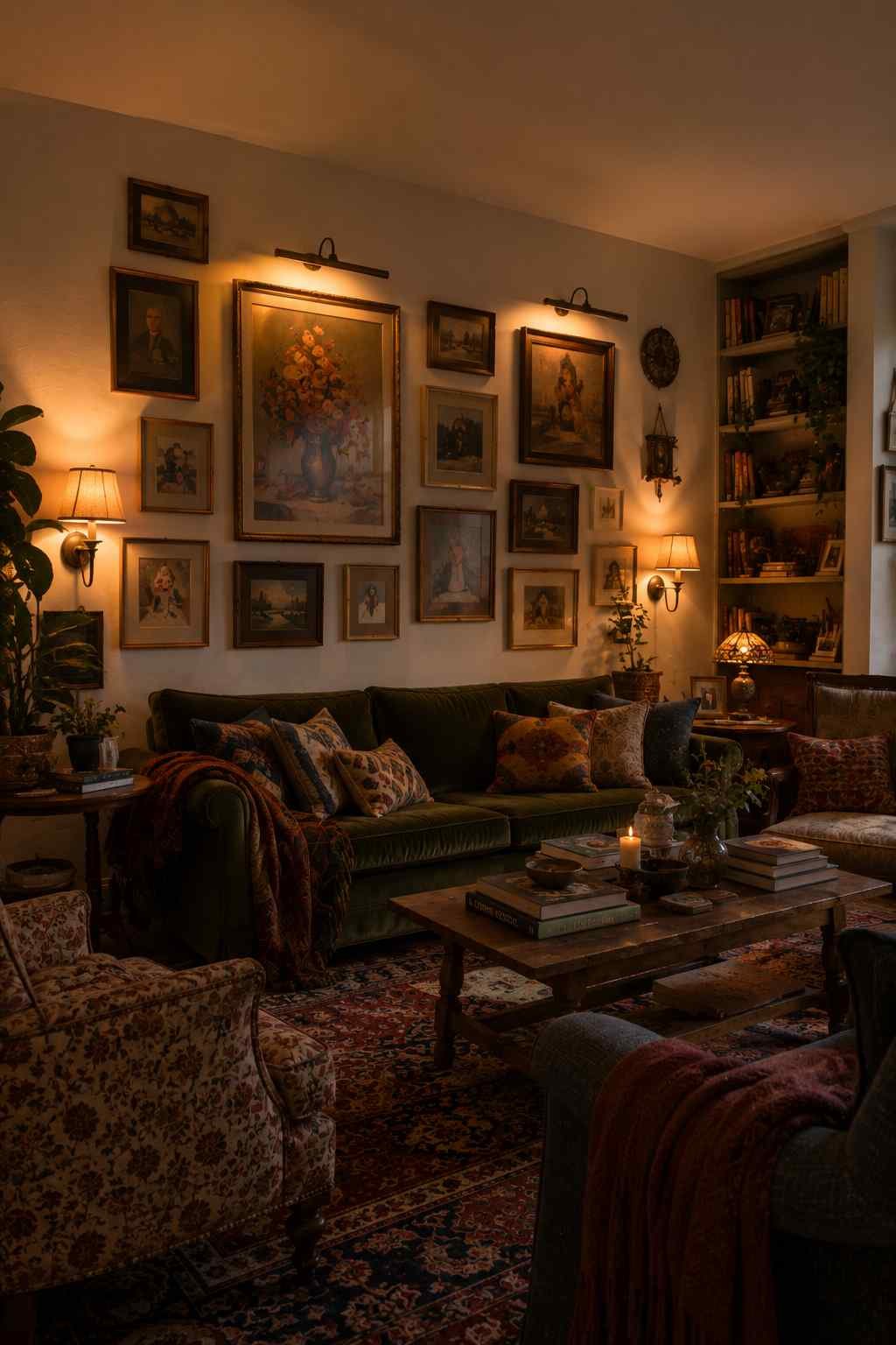 Eclectic living room with gallery wall lighting, vintage artwork, layered textiles, and cozy ambient lighting. 