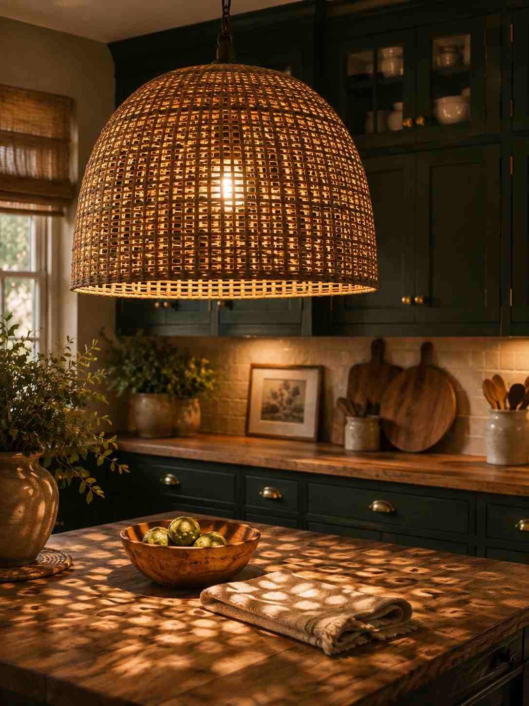 Close-up of a woven rattan pendant light glowing above a cottage kitchen island with deep forest green shaker cabinets, butcher block countertop, brass hardware, and warm dappled light creating a cozy farmhouse atmosphere.