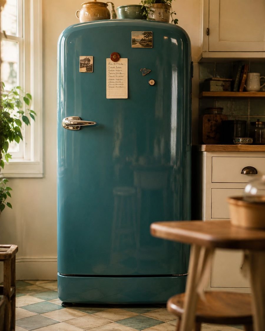 Vintage-style kitchen featuring a retro teal refrigerator with rounded edges, chrome handle, cream cabinetry, checkerboard flooring, and warm natural light for a cozy farmhouse aesthetic.