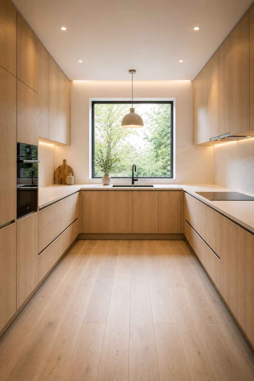 A bright Scandinavian U-shaped kitchen with light oak flat-panel cabinets, white stone countertops, integrated appliances, matte black fixtures, warm under-cabinet LED lighting, a large picture window above the sink, pale wood flooring, and a clean minimalist design filled with natural light.