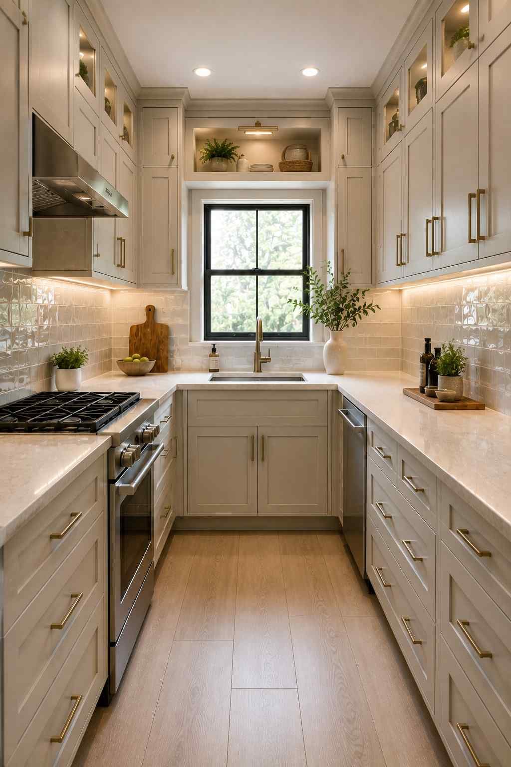 A bright open-concept home featuring a U-shaped kitchen with white shaker cabinets, quartz countertops, a farmhouse sink beneath a large window, brass pendant lights, light wood flooring, and a cozy living room with neutral furniture, creating a seamless flow between the kitchen and living space.