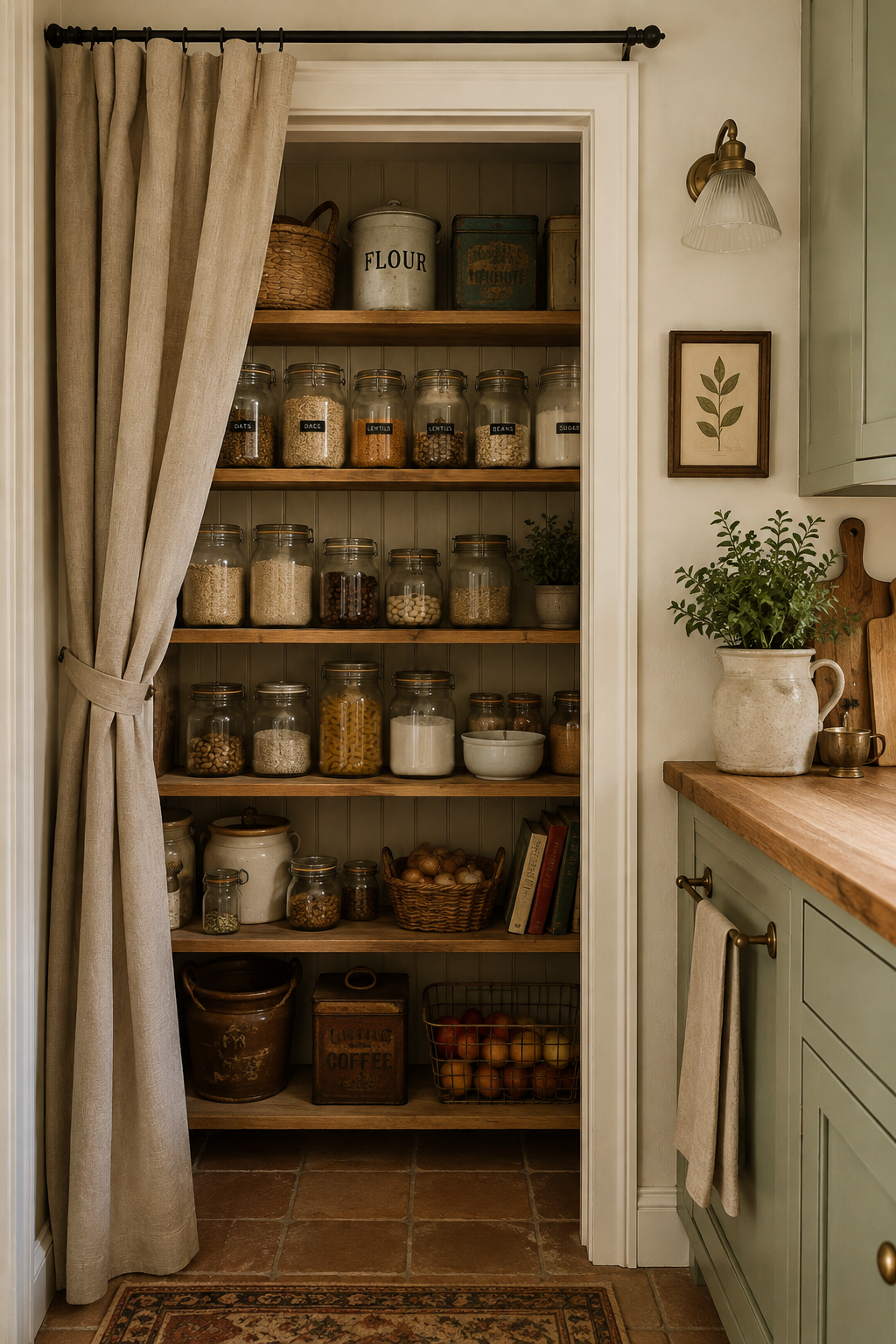 Cozy vintage kitchen pantry with open wooden shelves, labeled glass jars, vintage storage tins, a linen curtain, sage green cabinets, and warm farmhouse decor illuminated by natural light.