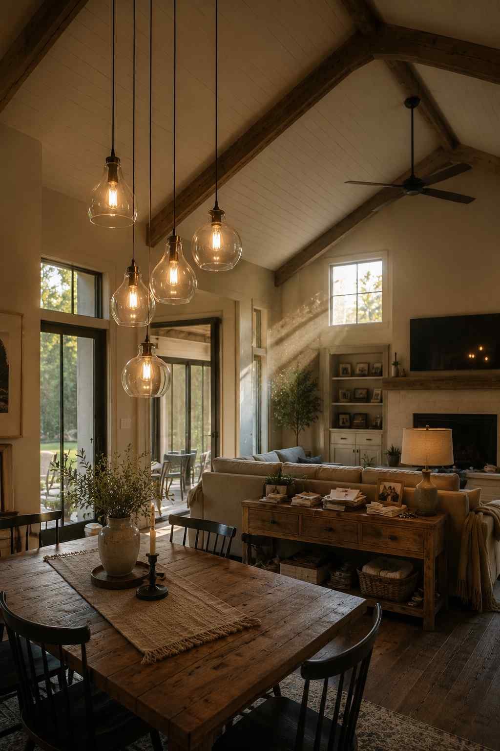 Farmhouse-style vaulted ceiling featuring clear glass pendant lights over a rustic dining table, creating a warm and welcoming open living space.