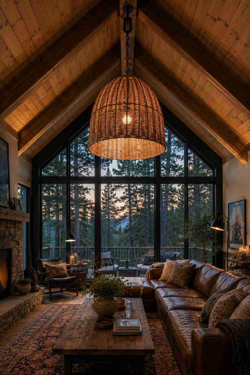 Rustic cabin living room with exposed wood beams, a vaulted ceiling, oversized woven pendant light, leather sofa, stone fireplace, and floor-to-ceiling windows overlooking a forest at dusk. 