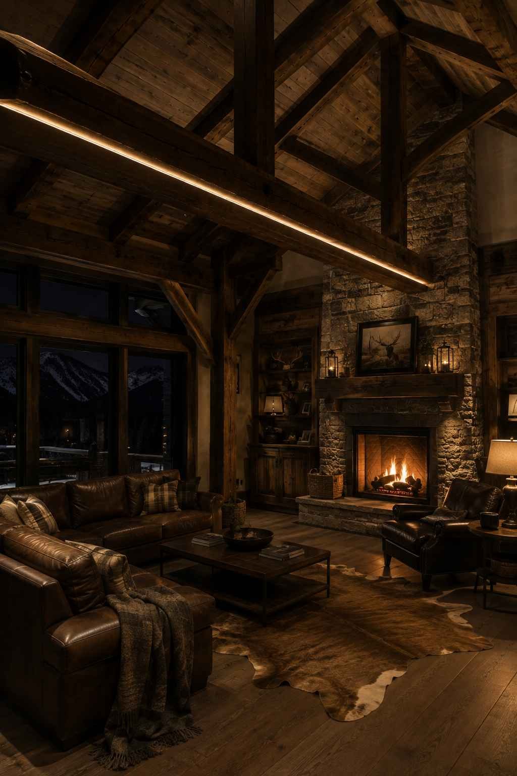 Rustic mountain-style great room with exposed timber trusses, a stone fireplace, hidden beam lighting, and cozy leather seating. 