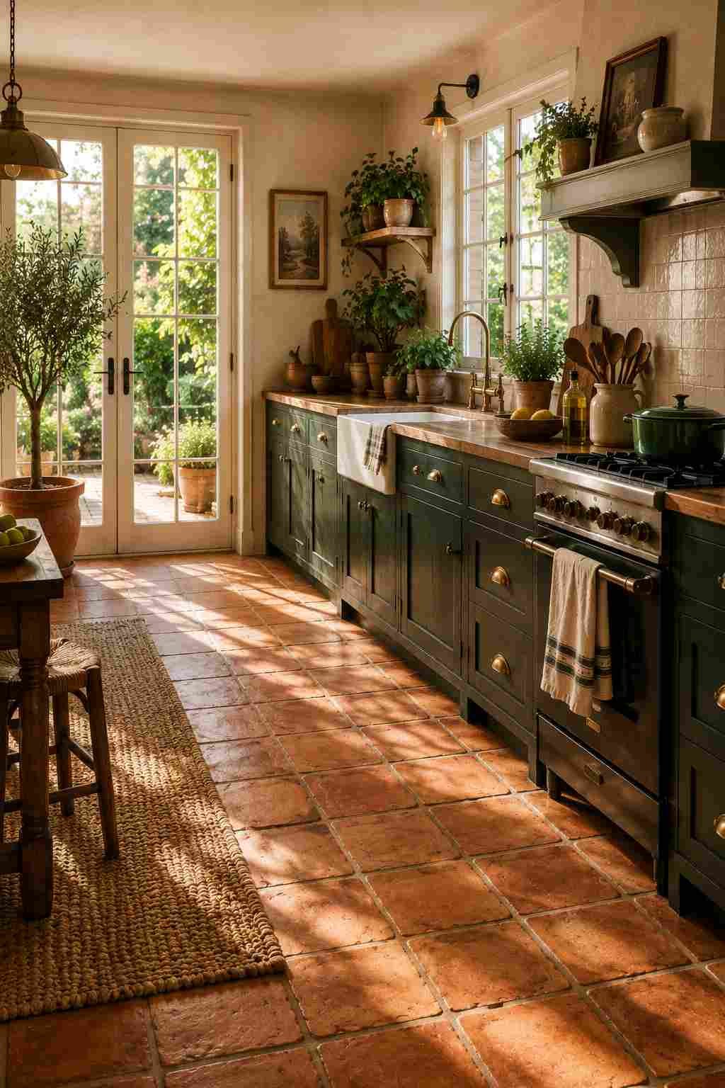 Sunlit cottage kitchen with handmade terracotta floor tiles, deep forest green shaker cabinets, butcher block countertops, brass hardware, farmhouse sink, French doors, and warm Mediterranean-inspired styling.